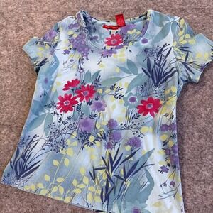 Gloria Vanderbilt Womens Floral Scoop Neck Short Sleeve Tee Blue Small
